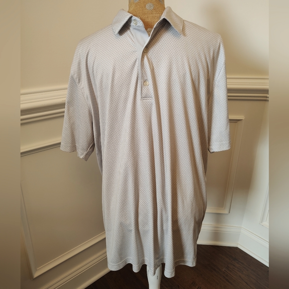 Greg Norman men's Play Dry ML75 golf polo shirt in taupe with white print. XL